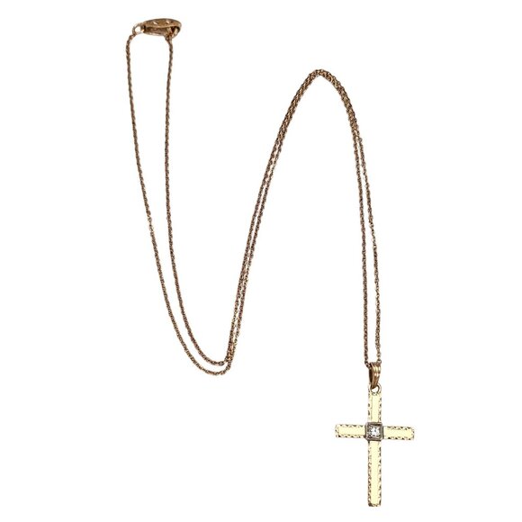 10K Yellow Gold, Diamond Chip Cross Pendant Vintage Chain Necklace 18.5" L, L542 - Picture 1 of 12
